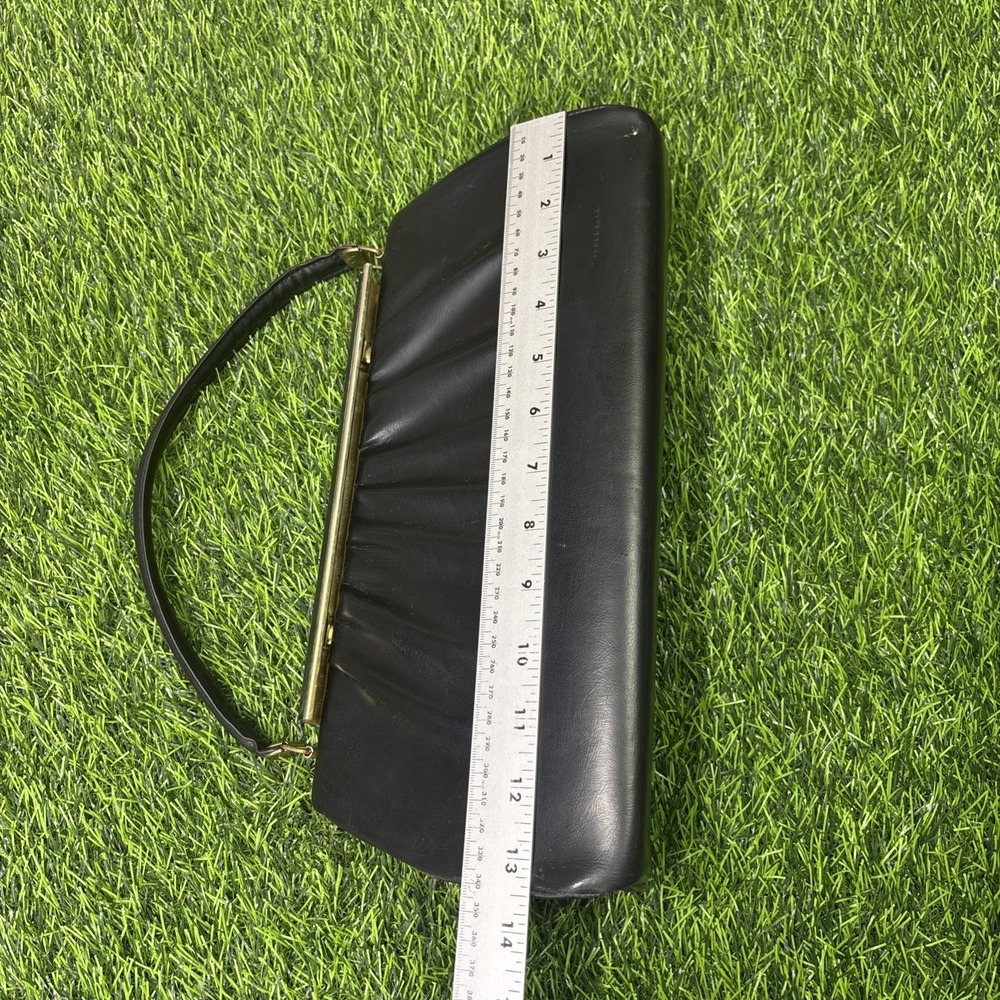 Vtg 50s Black Leather Wrapped Metal Top Handle Bag Gold Frame Clasp Purse - Picture 5 of 15